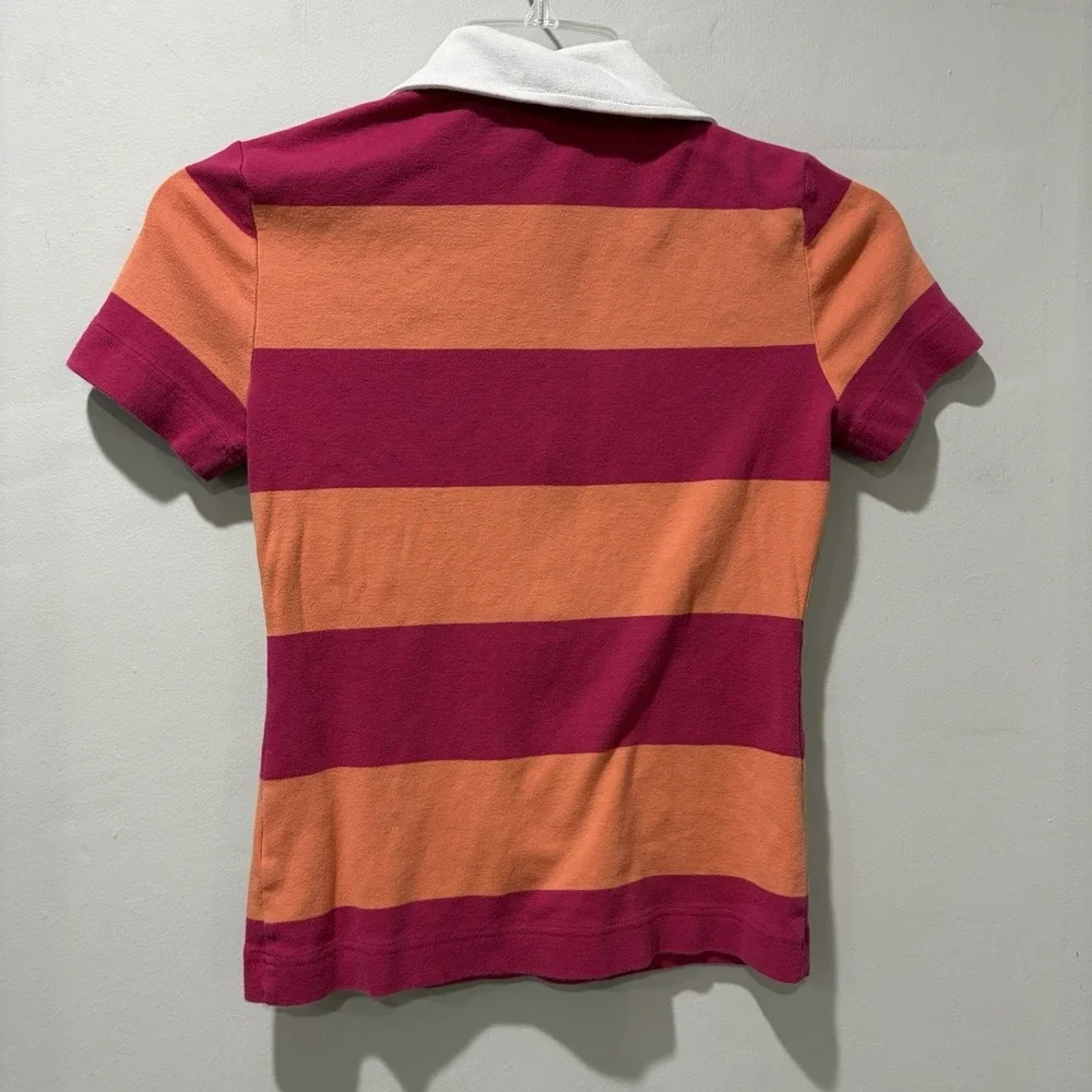 Tory Burch pink and Orange striped‎ polo tee Small Gold Buttons Cotton Preppy